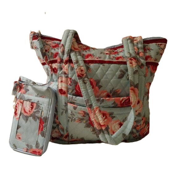 NWOT Floral Blue/Pink/Green Tote and Wristlet Set - Picture 1 of 8